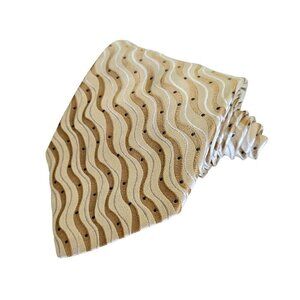 Sazzari Tie Gold White Waves Embroidery Grey Dots 100% SIlk L 56.5 in W 3.75 in